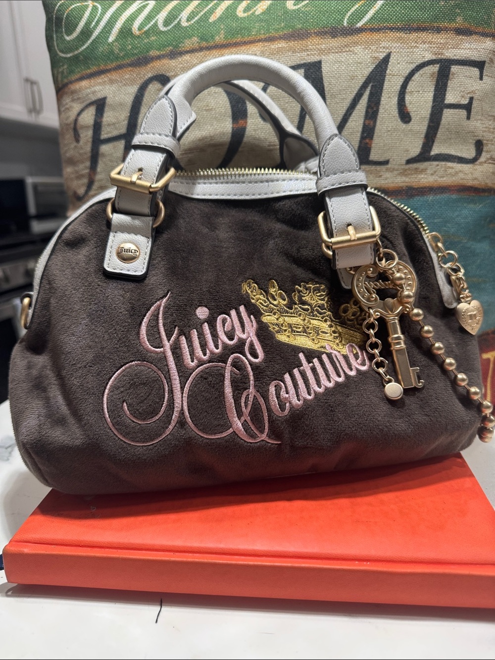 Juicy Couture Brown Suede Satchel with Pink Embroidered Logo and Gold Charm